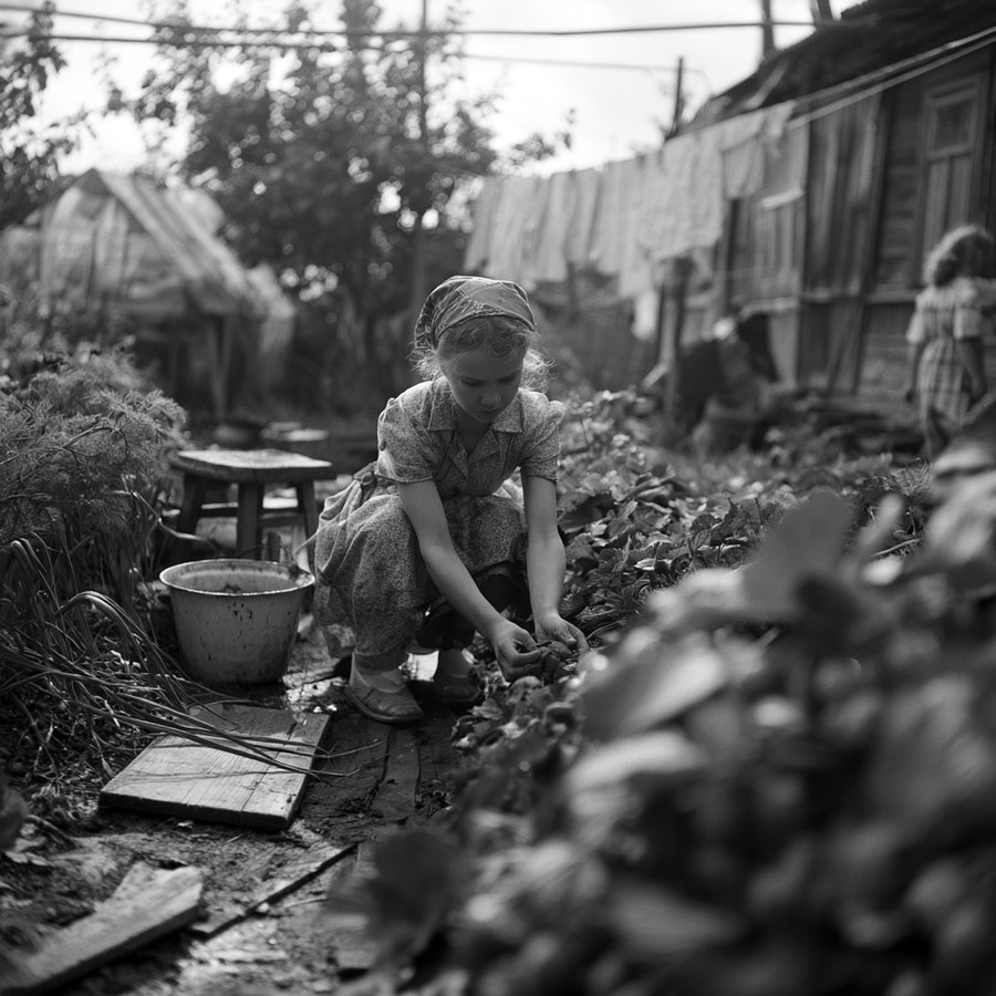 Black and white photo showing a young girl wearing a dress and headscarf, squatting and picking vegetables or plants in a garden with wooden houses and clothes hanging in the background