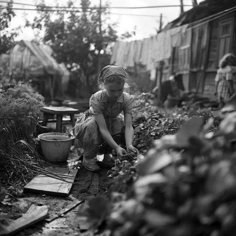 Black and white historical photo of a young girl gardening in a rural setting