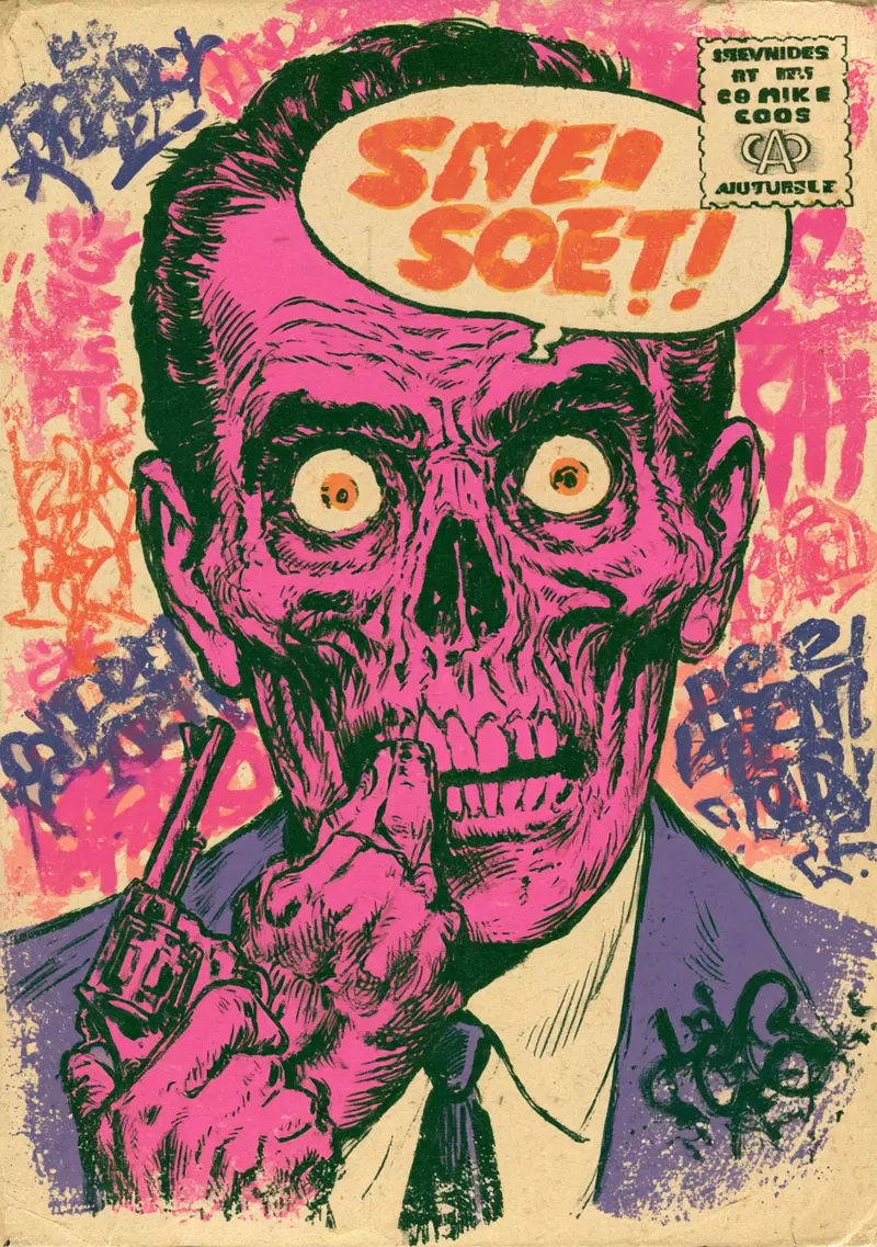Vivid Retro Style Illustration of a Skeletal Figure Holding a Gun on Album Cover