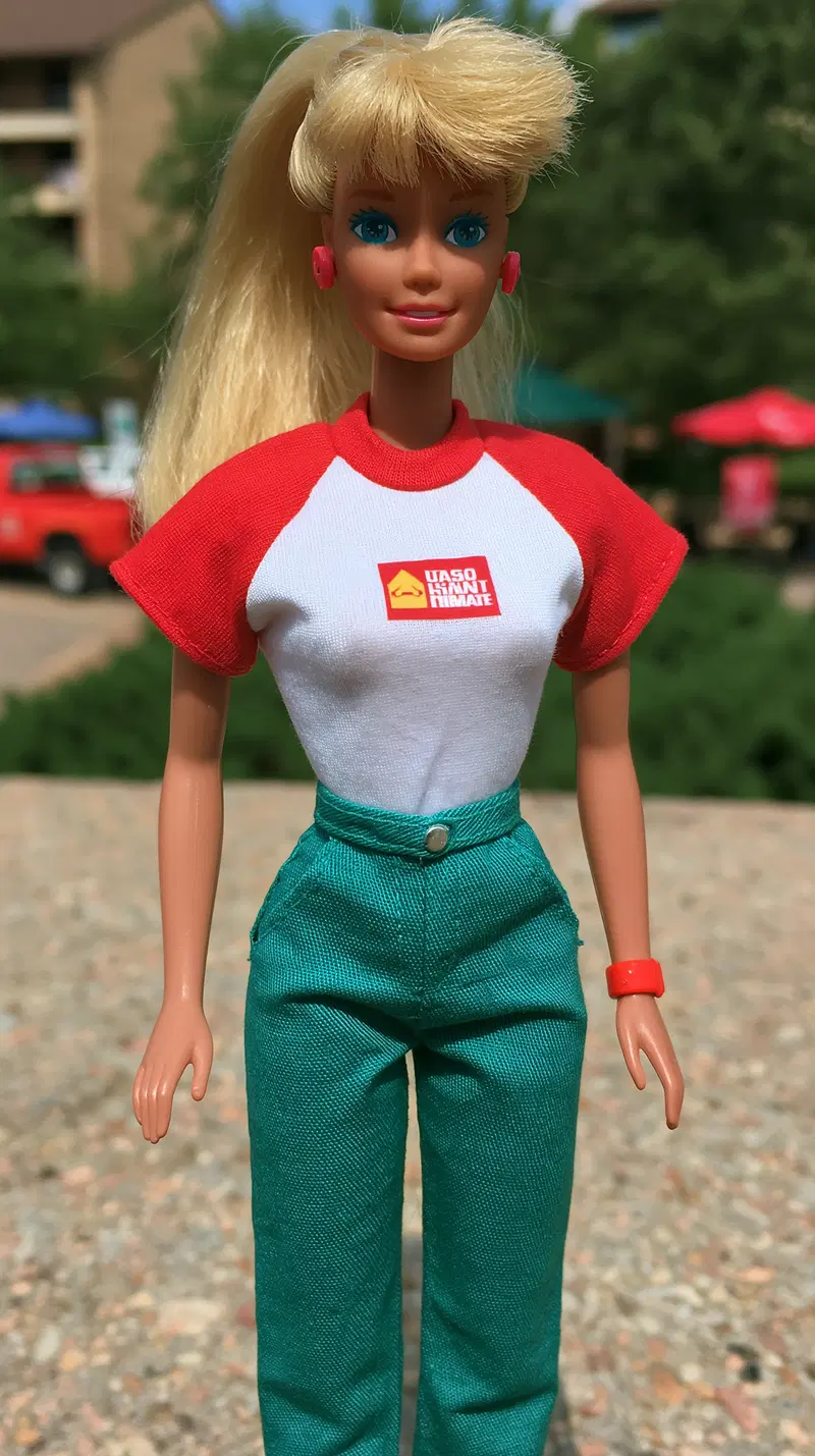 Close-up portrait of a vintage Barbie doll in casual colorful attire