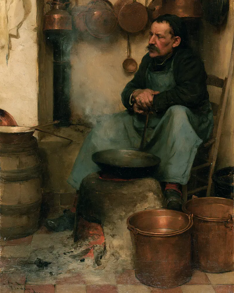 19th century painting of a man in a stove-heated kitchen with copper pots