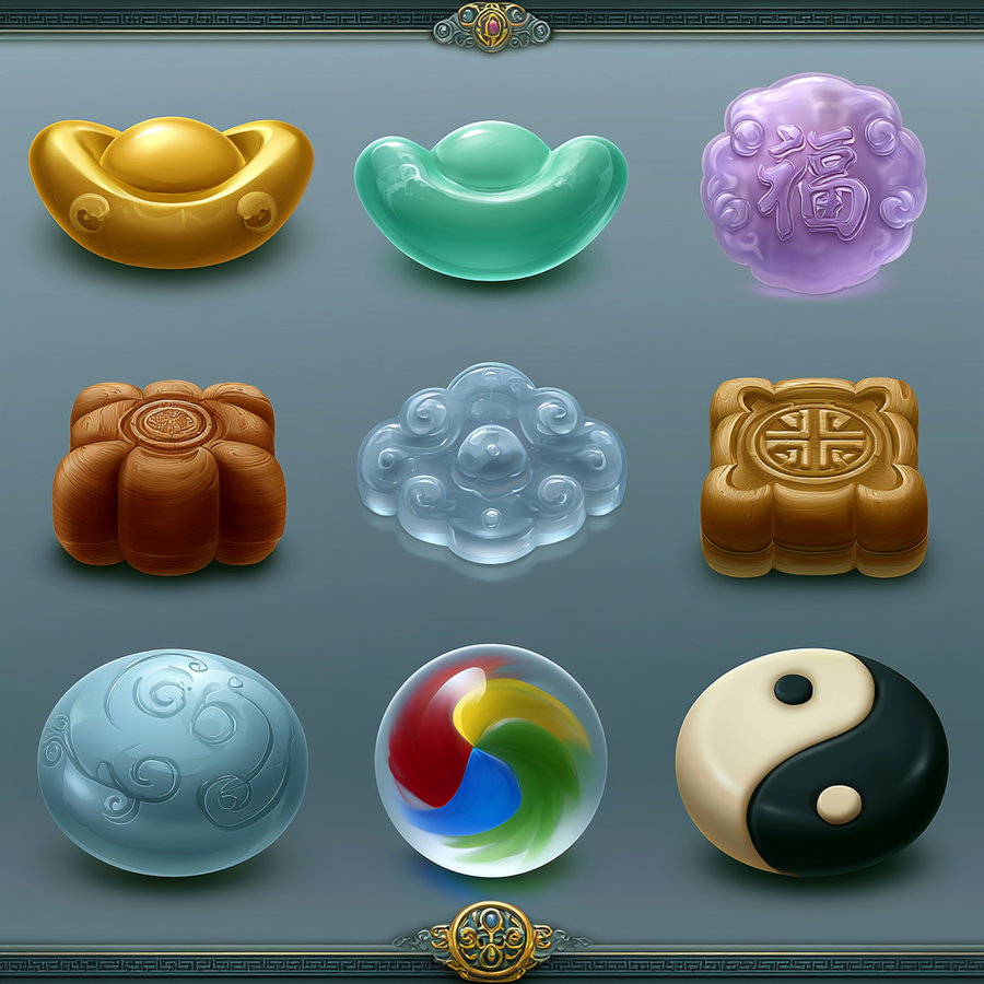 Nine distinct symbolic objects including gold and jade ingots, mooncakes, cloud motifs, an ornamental yin-yang symbol, and a colorful swirling marble on a gray background with ornamental borders