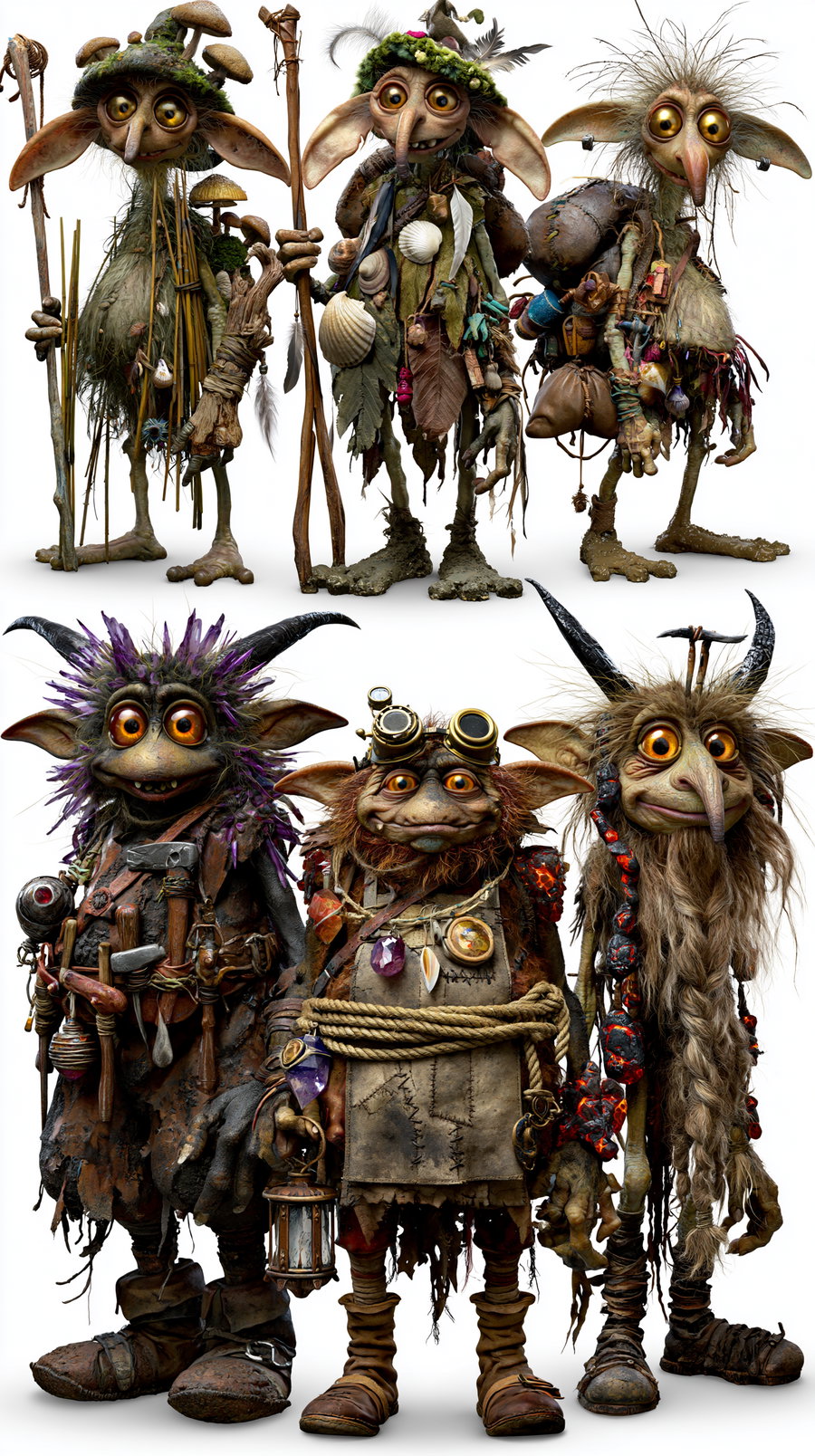 Six fantasy goblin-like characters with large eyes and ears, dressed in detailed costumes featuring natural elements, tools, jewelry, and accessories, standing against a white background