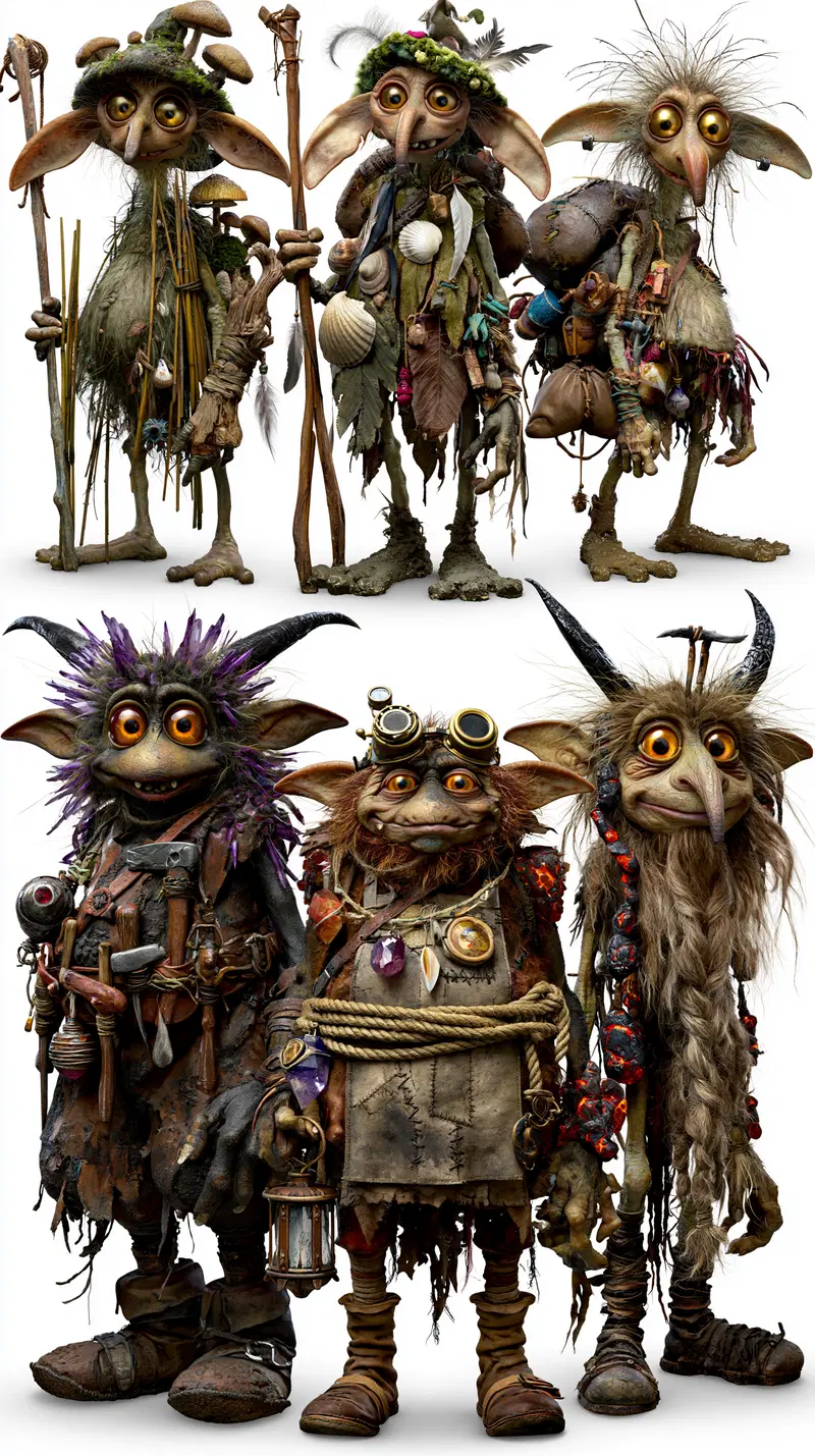 Detailed fantasy character designs of whimsical goblin-like creatures with unique costumes