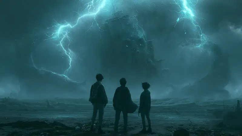 Dark fantasy scene with three figures facing a giant sea monster during a storm
