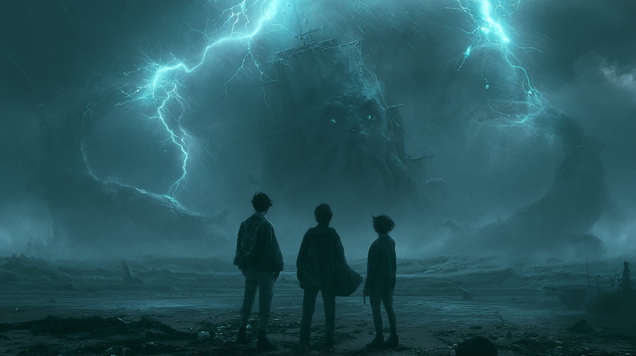Three people standing on a rocky shore looking at a giant, octopus-like creature emerging from the stormy sea with lightning in the sky