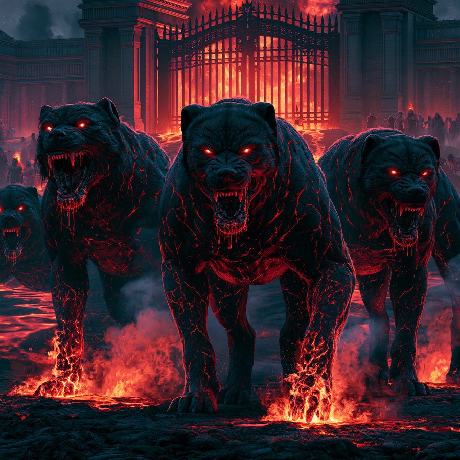 Illustration of large black hellhounds with glowing red eyes and molten lava-like cracks, standing on fiery ground in front of a large iron gate with molten fire behind it and shadowy figures in the background
