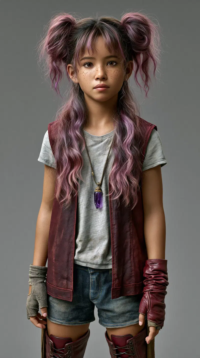 Detailed character design of a young girl with purple hair in modern fantasy attire