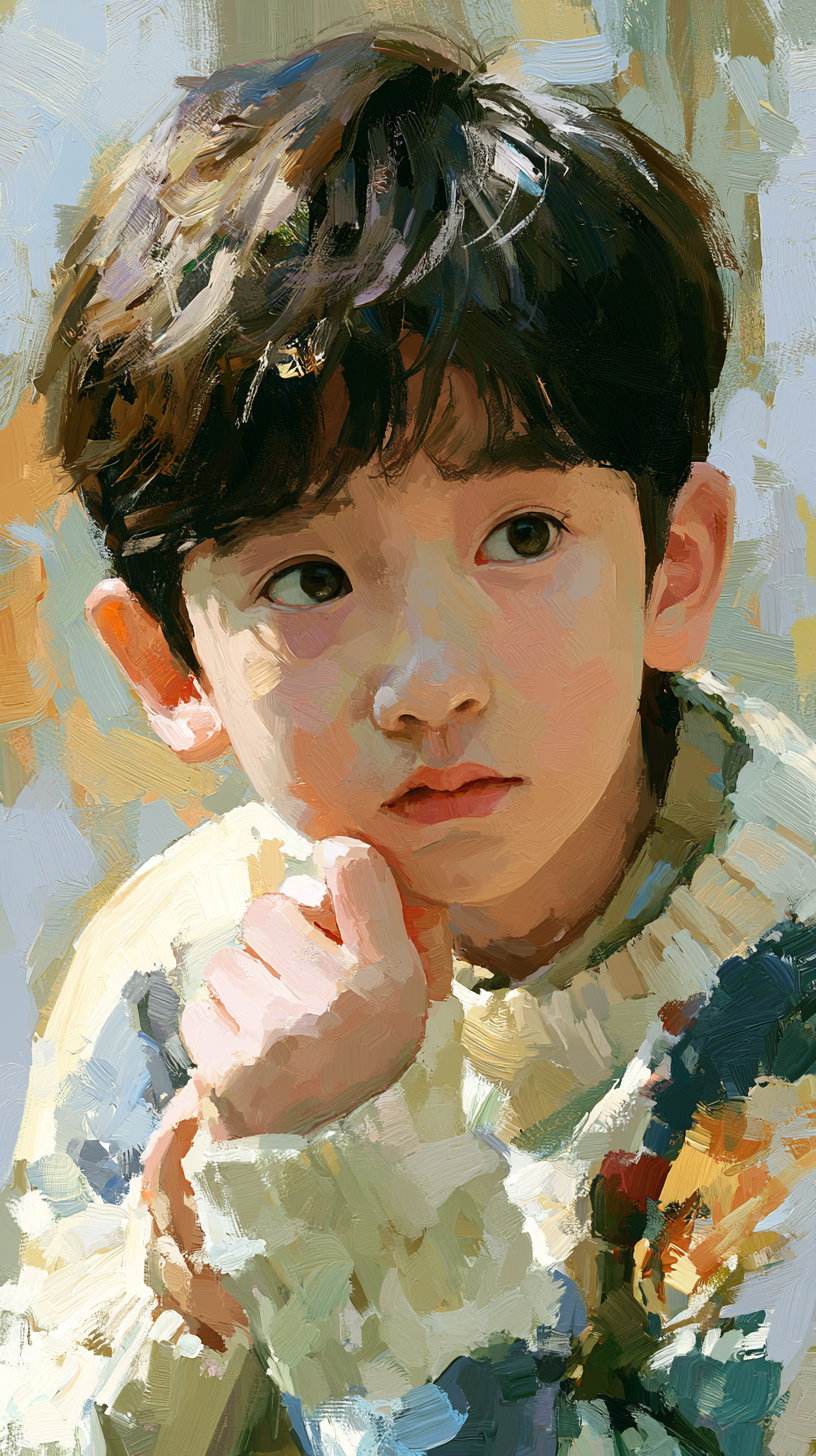 Oil painting portrait of a young boy with detailed brush strokes, dark hair, large eyes, and a light-colored sweater, looking thoughtfully to the side