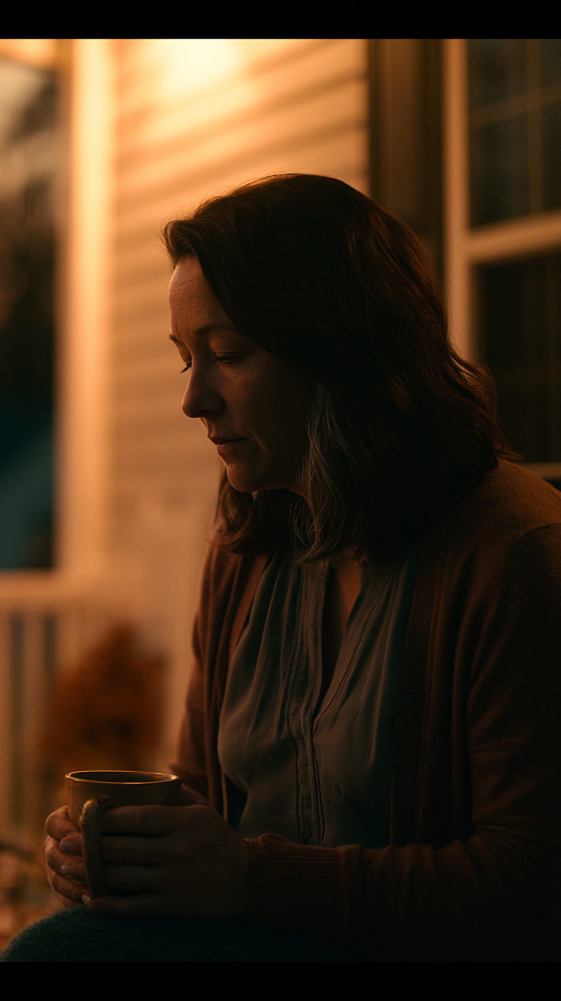 A woman with medium-length brown hair sits on a porch holding a brown mug with both hands, bathed in warm orange sunset light, wearing a brown cardigan and light blouse.