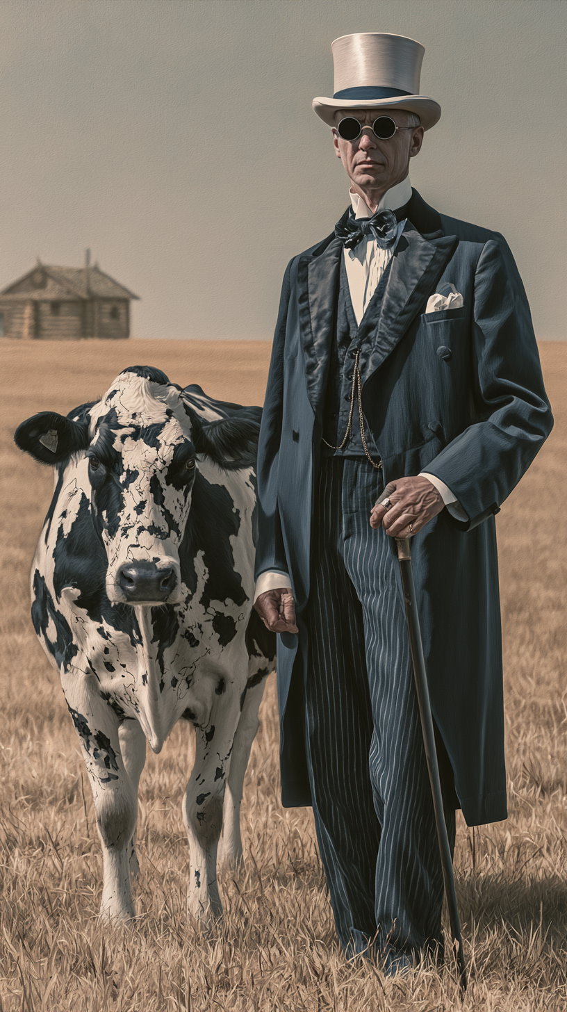A man wearing a vintage dark blue formal suit, top hat, round sunglasses, and holding a cane stands in a field next to a black and white cow with a rustic cabin in the background.
