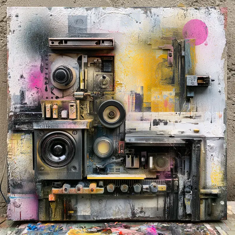 Abstract mixed media art with mechanical and electronic components and vibrant colors