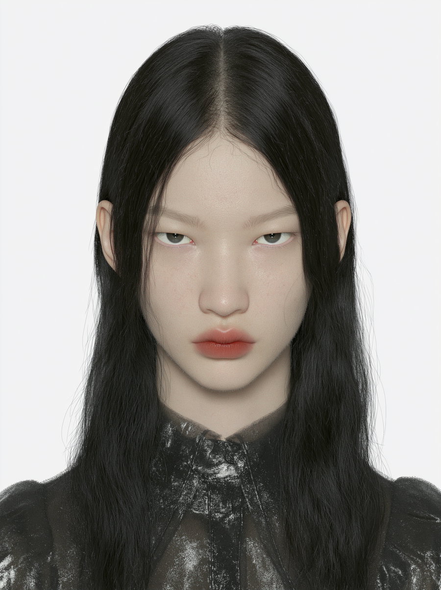 A digital portrait of a woman with long black hair parted in the middle, pale skin, and soft red lips wearing a shiny, textured black garment, against a plain white background.