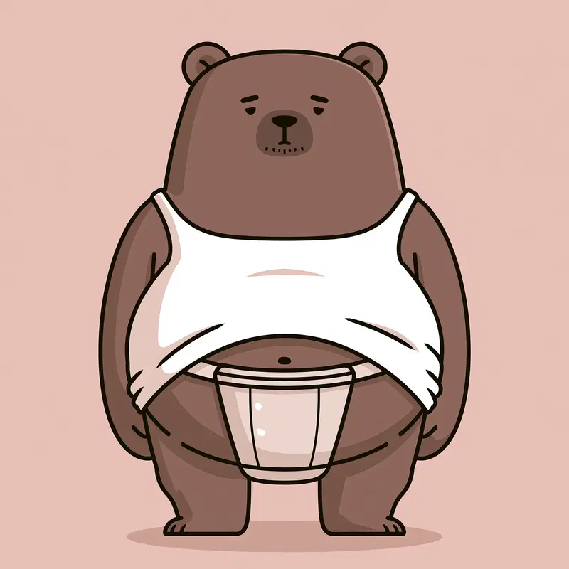 Cute cartoon bear wearing a white tank top and adult diaper