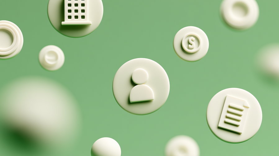 3D rendered beige icons floating against a soft green background, featuring user, document, search, and other abstract symbols