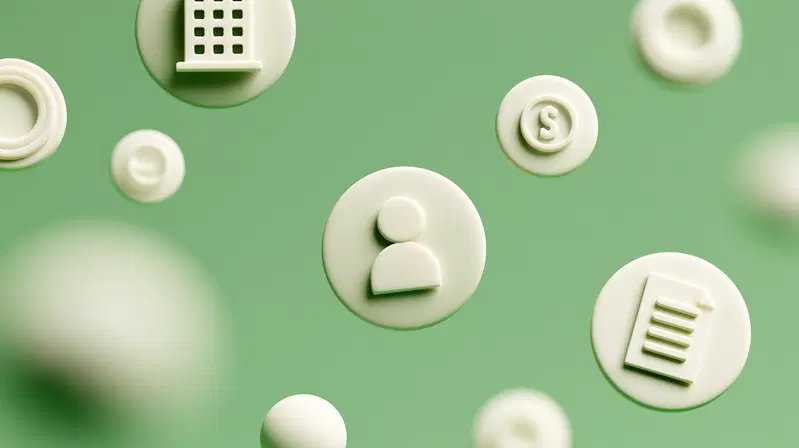 Minimalist 3D icons representing user, document, search, and other functions