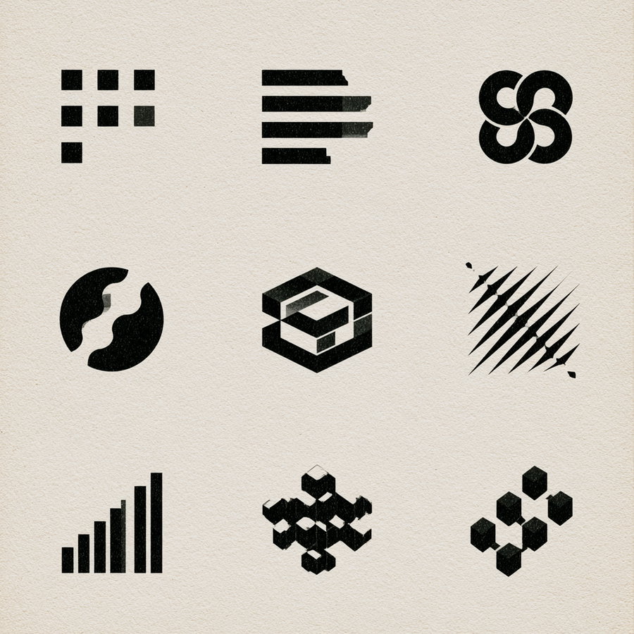 Nine black geometric and abstract logo concepts arranged in a 3x3 grid on a textured light background