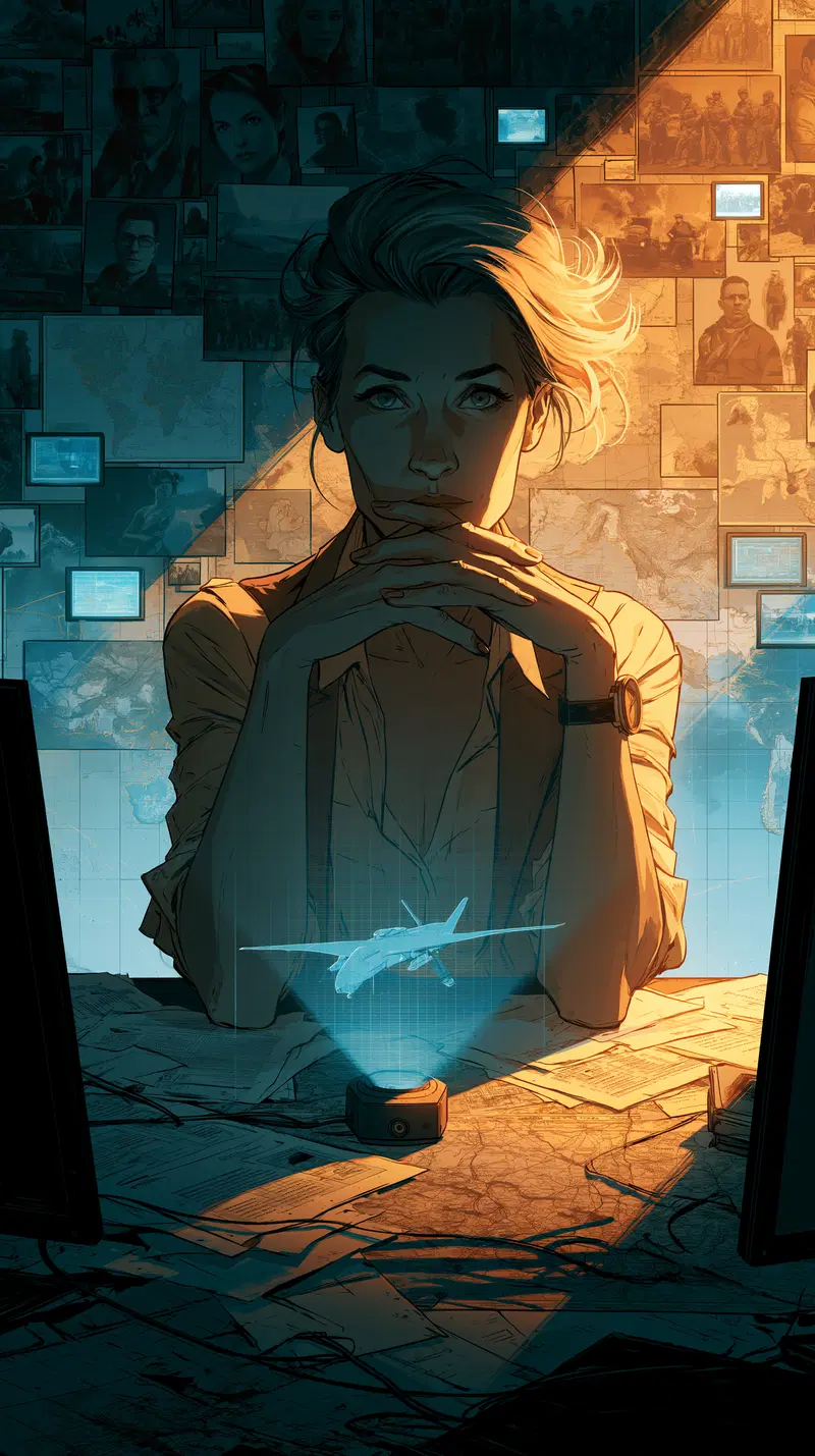 Intriguing digital concept art of a woman analyzing a holographic drone in a war room