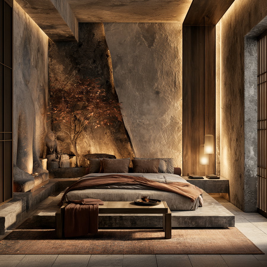 A bedroom with a large bed on a stone platform, warm ambient lighting highlighting stone textured walls, a small tree and statues in the corner, a wooden bench with a throw, and a large window with wooden slats.
