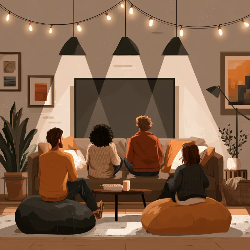 Digital illustration of four people watching TV in a cozy living room