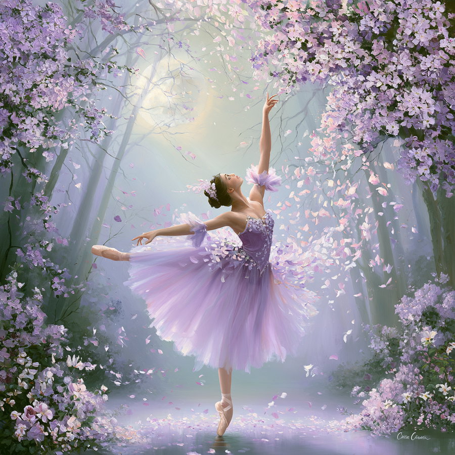 A ballerina in a lavender tutu and pointe shoes dances elegantly surrounded by lilac and pink blossoms with petals falling around in a misty forest setting.