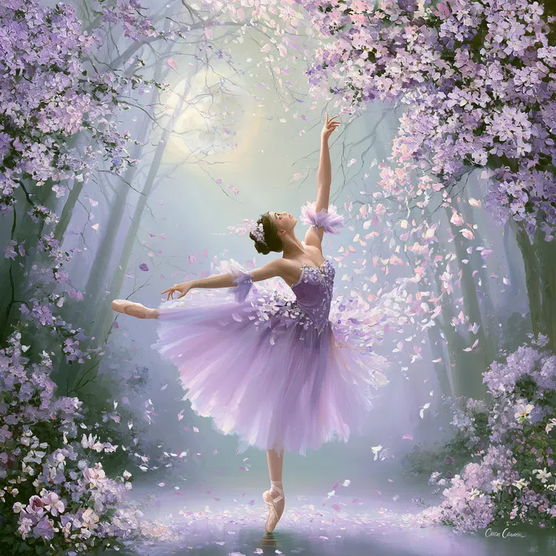 Graceful ballerina dancing amid blooming lilac flowers under soft light