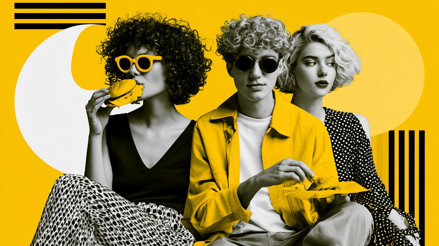 Three black and white portraits of young people with graphic yellow highlights, including sunglasses, jacket, and background shapes, sitting with modern styling