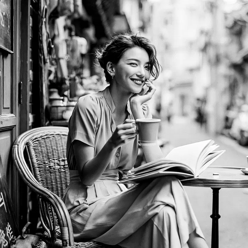 Black and white portrait of a smiling woman enjoying coffee at a cafe
