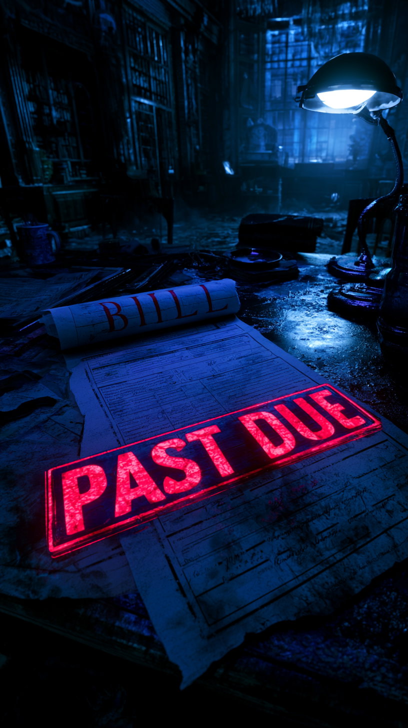 An overdue bill marked with glowing red PAST DUE stamp on a cluttered desk under a lit desk lamp in a dark, moody room filled with shelves and papers