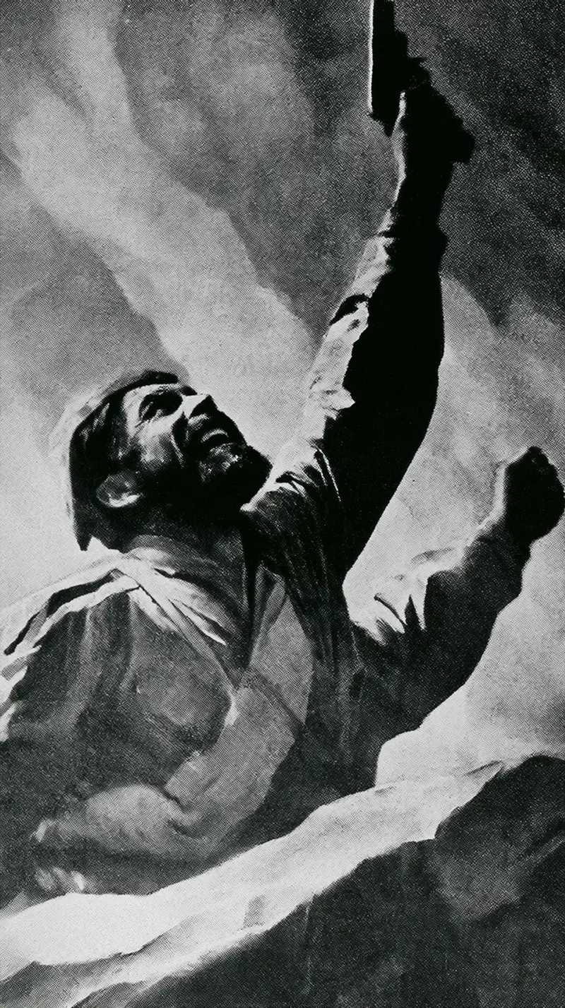 Dramatic black and white painting of a man raising a fist in defiance