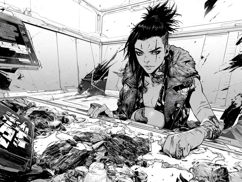 Monochrome Graphic Novel Style Illustration of a Fierce Female Character at a Table
