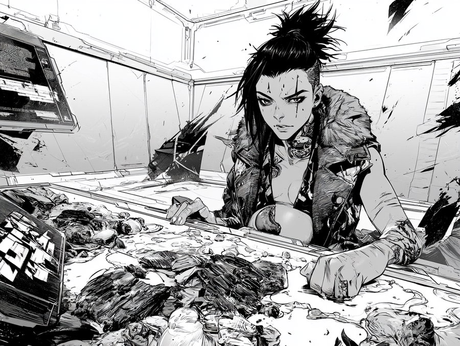 Black and white graphic novel style drawing of a tough woman with a ponytail and tattoos sitting at a table with food, inside a sparsely decorated room with cracked walls and screens.