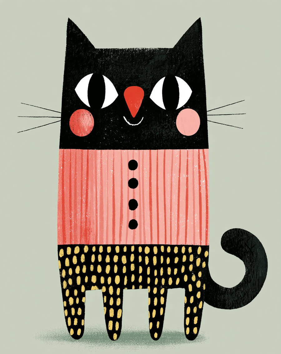 A whimsical and colorful illustration of a cat with a black head, large eyes, red nose, and pink cheeks, wearing a pink shirt with black buttons and black dotted pants, against a muted green background.