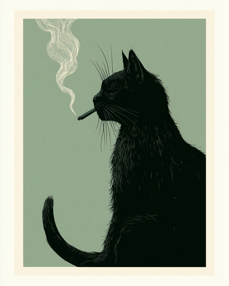 A stylized illustration of a black cat in profile, sitting and smoking a cigarette with smoke curling upwards against a muted green background.