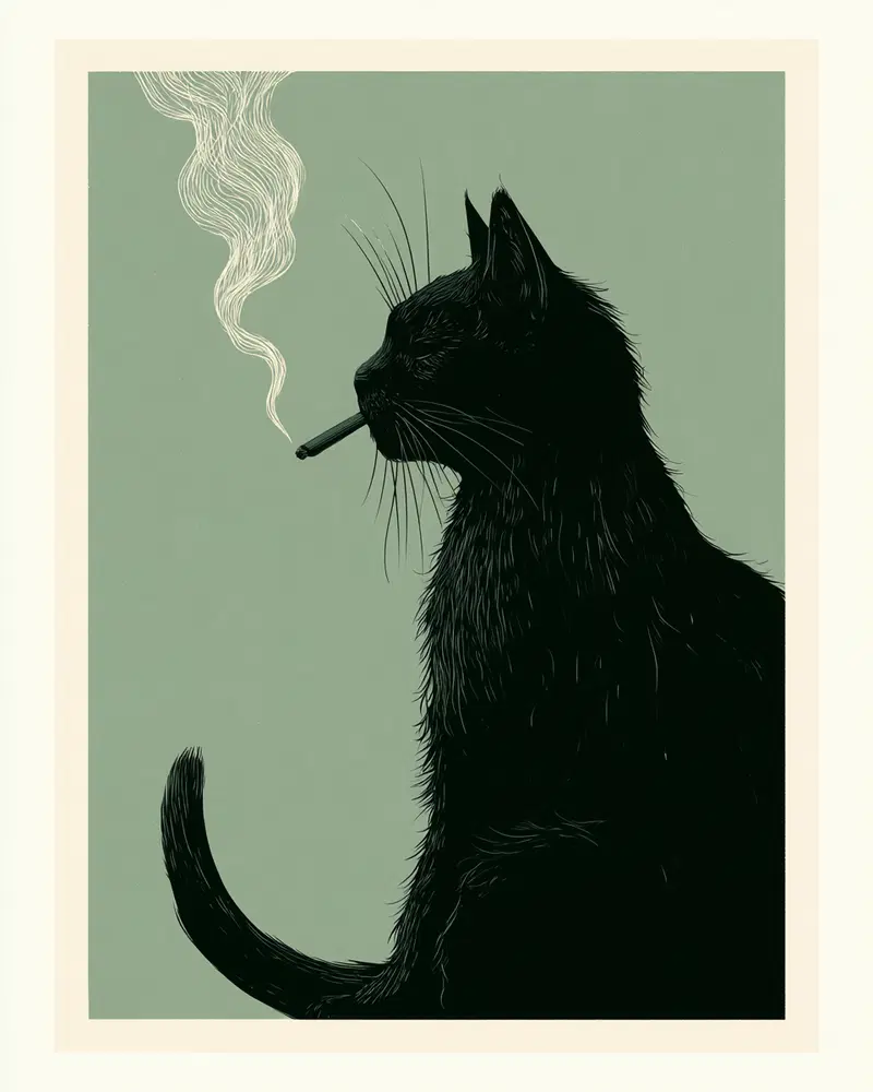Illustration of a black cat smoking with detailed fur texture on green background