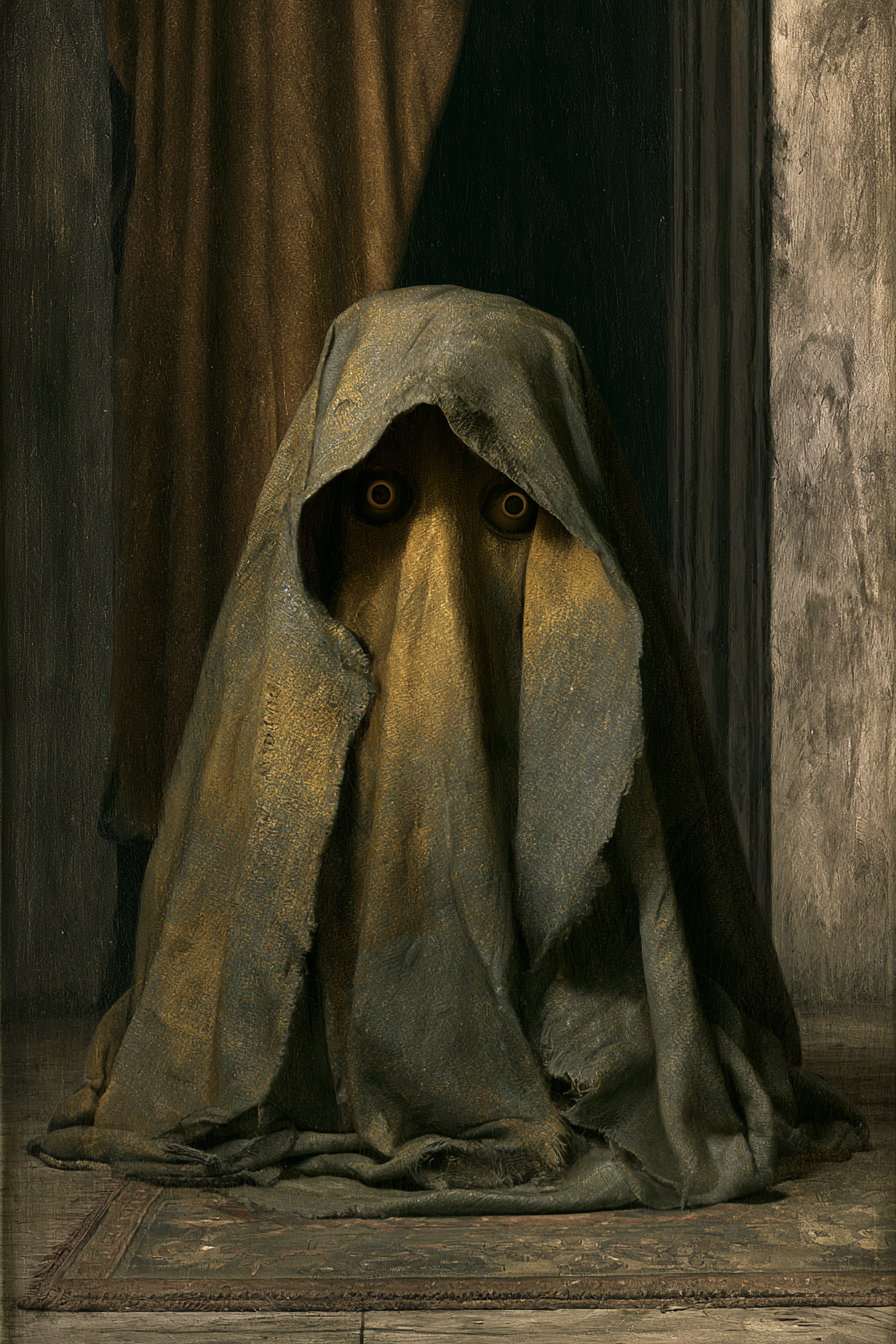 A figure covered in a textured, draped cloth with two eyes peering out, sitting on an old rug against a dark and muted background