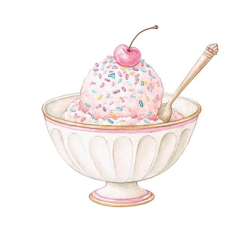 Watercolor illustration of a bowl of ice cream with cherry and sprinkles