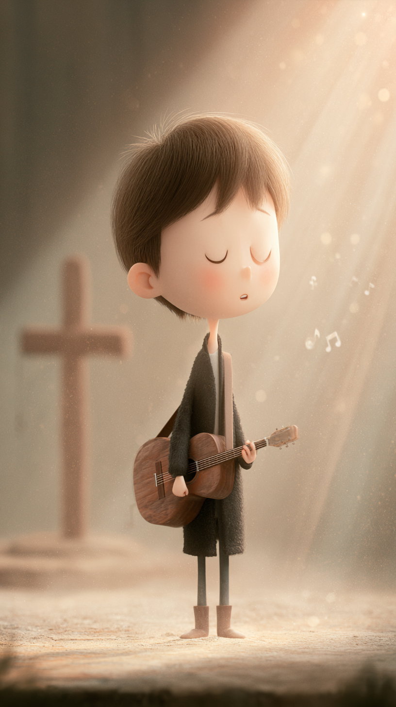 A digital character design of a boy with closed eyes holding a guitar. The boy wears a long black coat, black pants, and brown boots, standing on a dusty ground illuminated by warm light rays. A blurred cross is visible in the background, and floating musical notes are glowing near the boy's head.