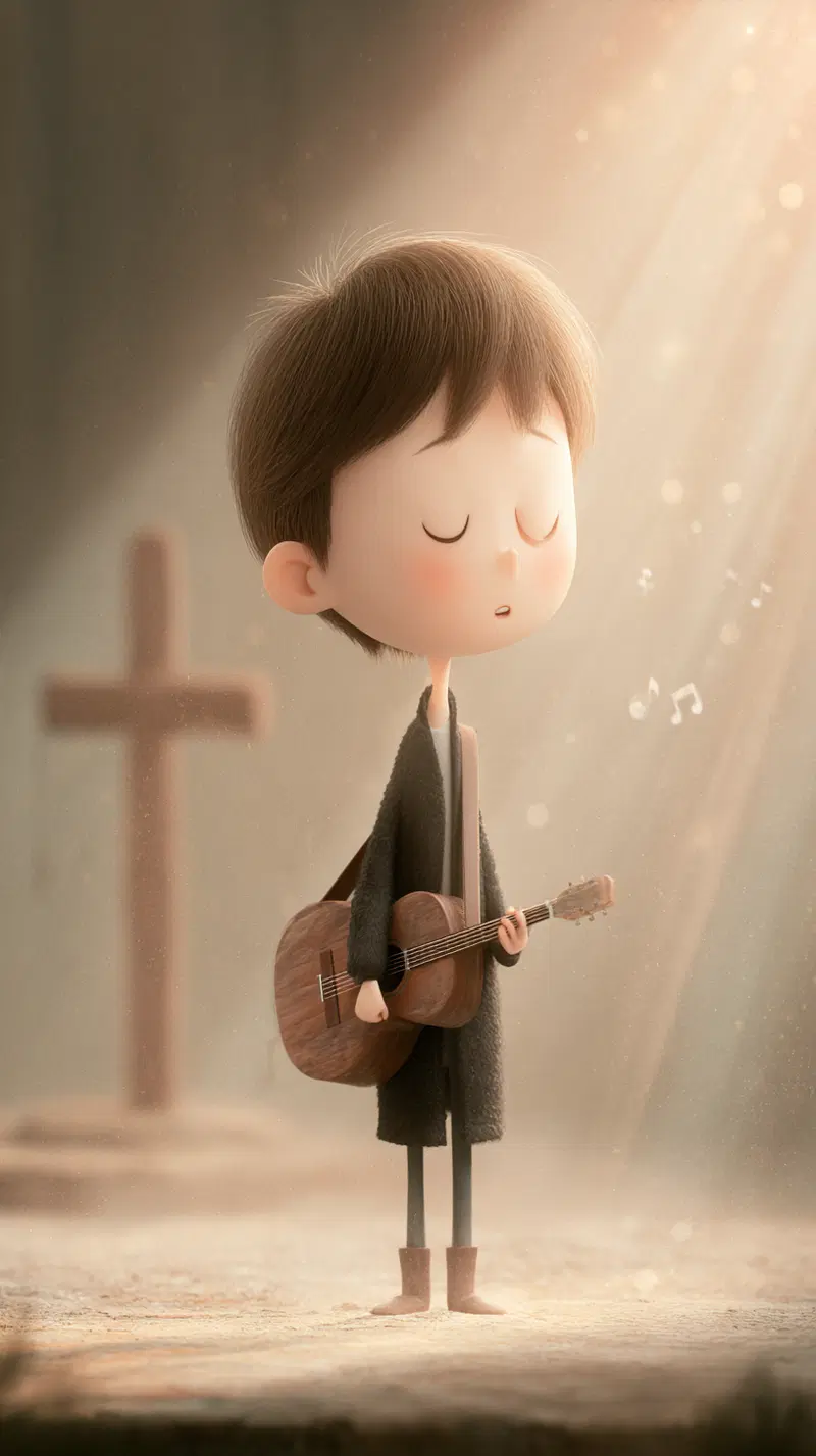 Character design of a boy playing a guitar with musical notes glowing