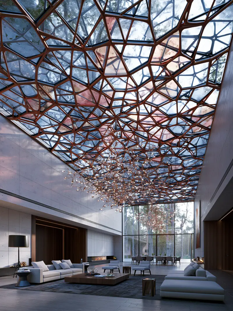 Modern living room interior with artistic geometric glass ceiling design