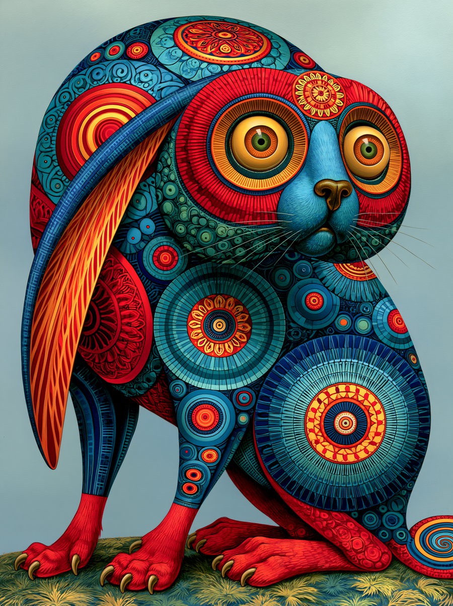 Colorful stylized rabbit covered in circular and geometric patterns, sitting on grass with a plain background