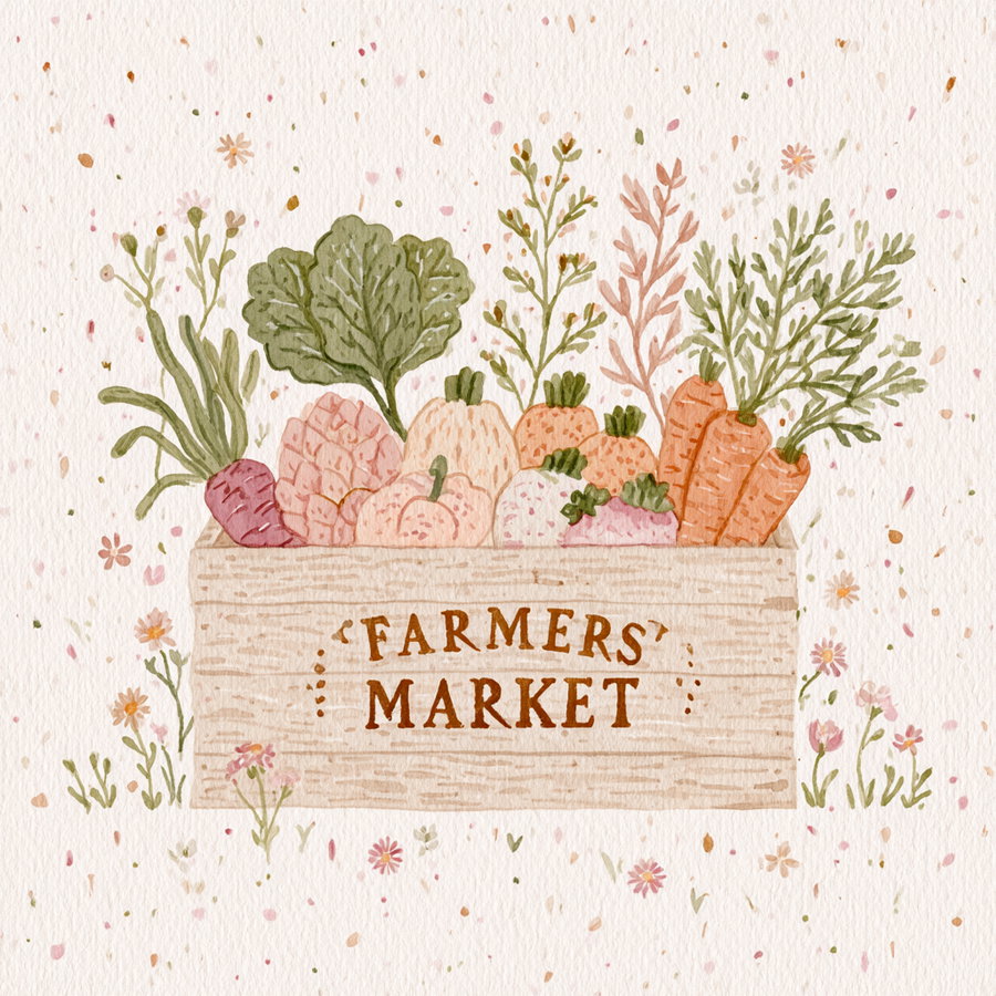 Watercolor painting of a wooden crate labeled Farmers Market filled with vegetables like carrots, lettuce, and radishes, surrounded by small flowers and leaves on a textured background