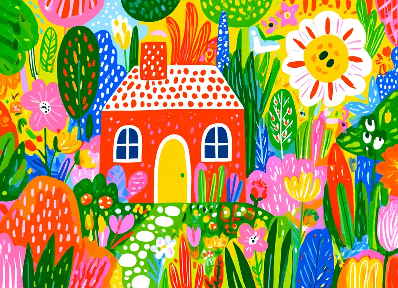 Colorful botanical illustration with a red house and vibrant flowers