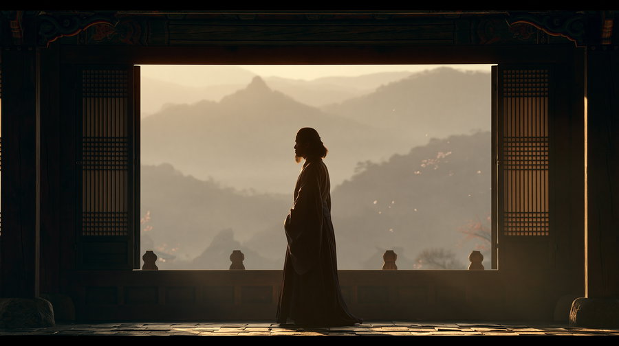 A silhouette of a person in traditional clothing walking inside a wooden structure, framed by an open window revealing misty mountains in the background