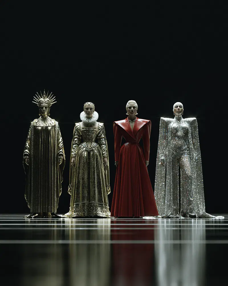 Avant-garde fashion illustrations featuring futuristic regal attire