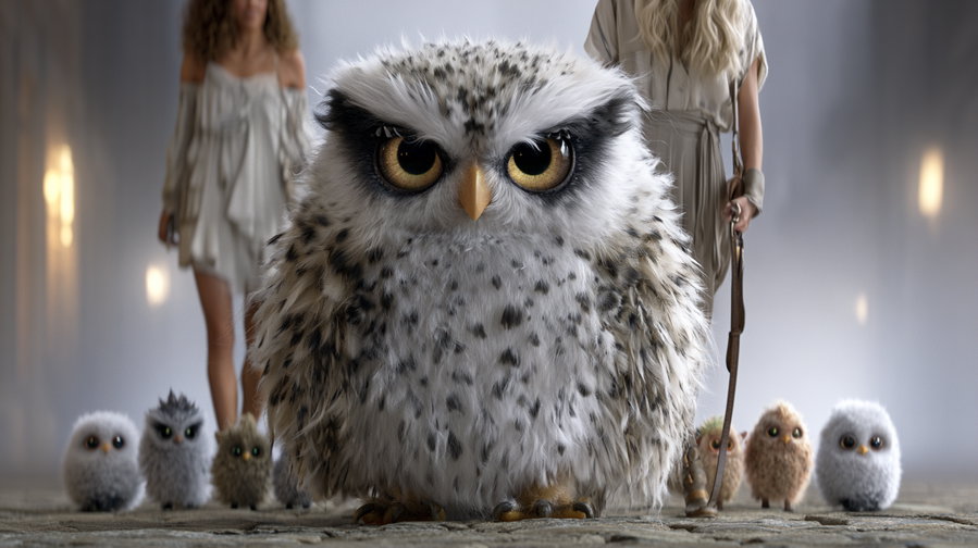 A large fluffy owl with spotted feathers and big yellow eyes stands in the foreground with smaller colorful owls behind it and two women in light dresses in the background on a stone floor.