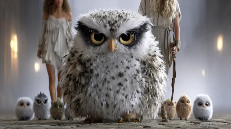 Detailed character design of a large fluffy owl and smaller colorful owls with two women in the background
