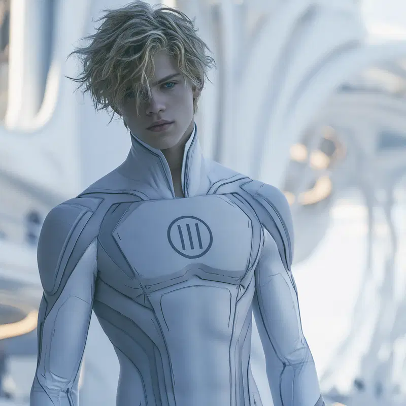 Futuristic male character with detailed white suit in sci-fi setting