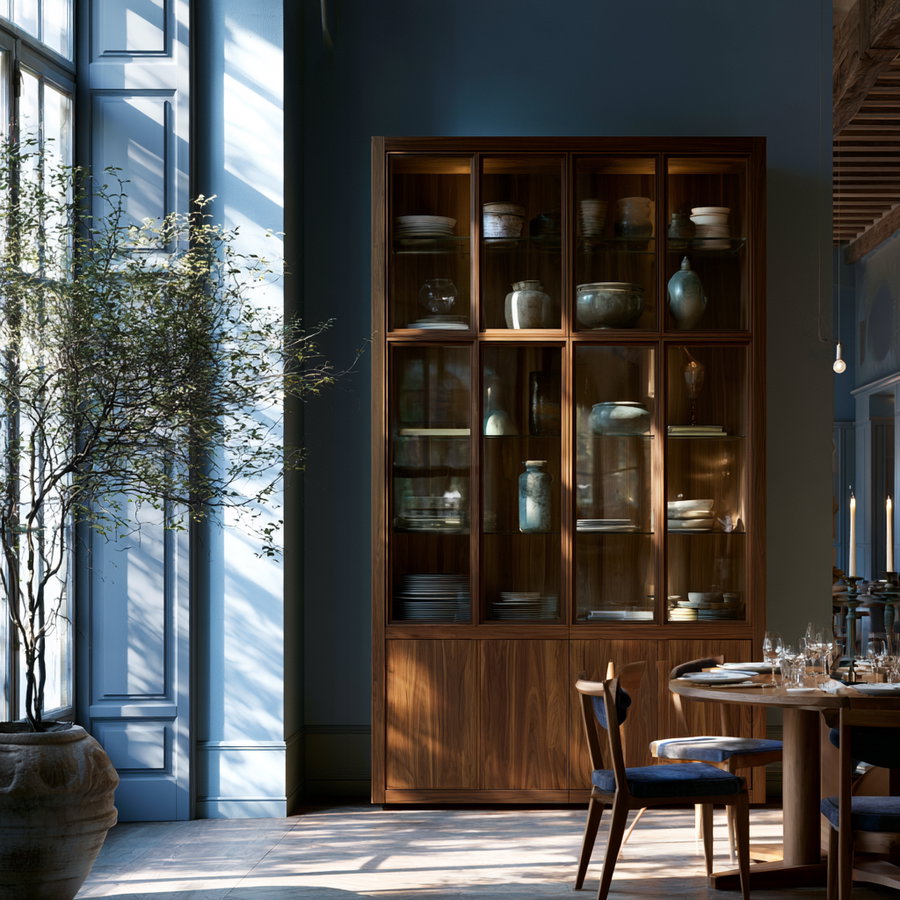 A wooden cabinet with glass doors displaying various ceramic vases, bowls, and plates, next to a dining table with chairs and a large potted plant with a window casting shadows in the background