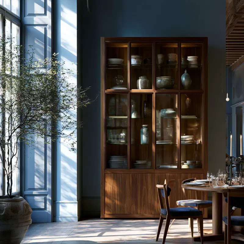Elegant ceramic art pieces displayed in a wooden cabinet within a sunlit dining area